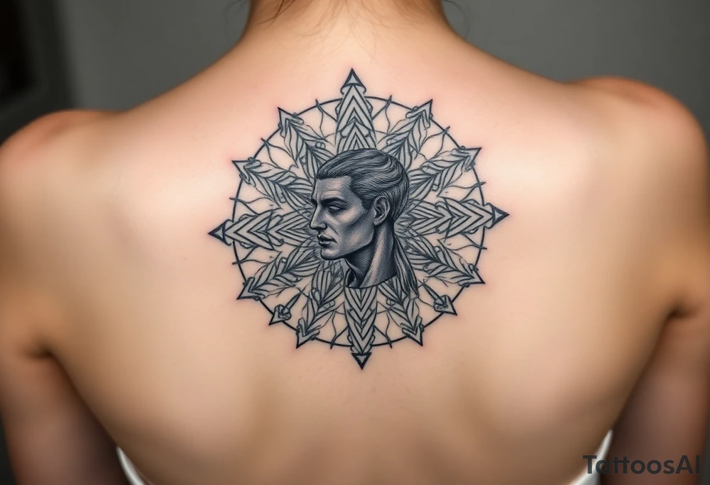 intricate mandala with sacred geometry and cosmic elements and a guy in an electric with very large head tattoo idea