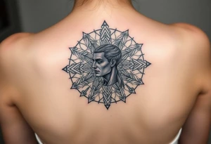 intricate mandala with sacred geometry and cosmic elements and a guy in an electric with very large head tattoo idea