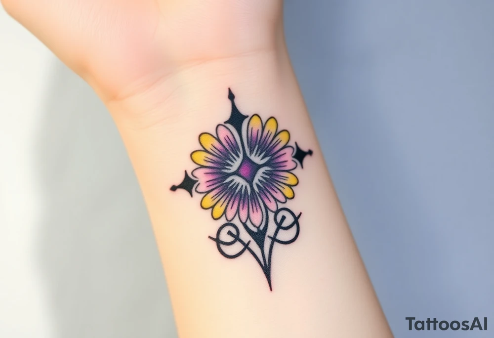 Yellow daisy Purple Hearts around a cross tattoo idea