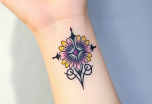 Yellow daisy Purple Hearts around a cross tattoo idea