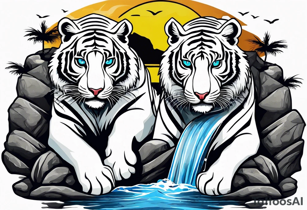 Two tigers: a white tiger and black tiger on opposite sides of the waterfall with a calligraphy ink container at the top and the Bahamas and Jamaica flag on opposite sides. tattoo idea