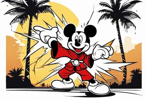 mickey mouse holding lightning with palm trees doing martial arts at the disney castle tattoo idea