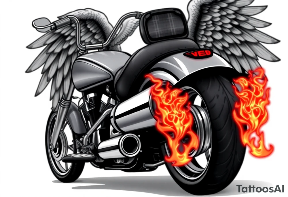 Low rider grey motorcycle, big muffler pipes with flames, angel wings, driving away, no person tattoo idea