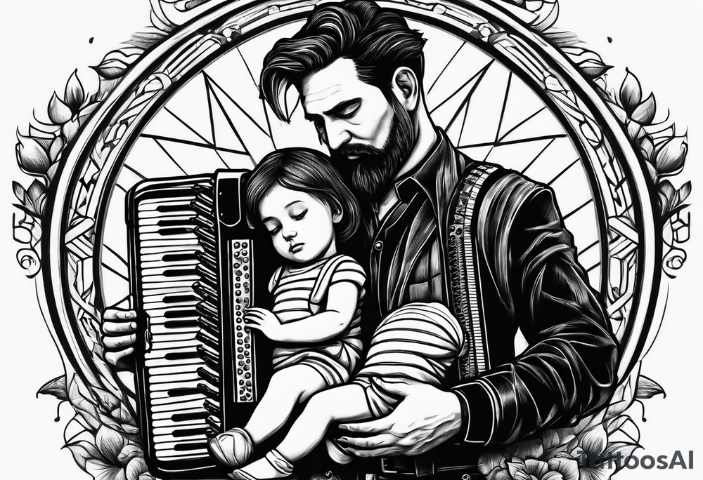 sad man with accordion and his young child girl tattoo idea