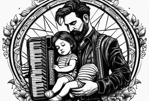 sad man with accordion and his young child girl tattoo idea