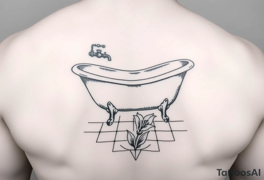 clawfoot bathtub with simple faucet and lily coming up out of the tile floor tattoo idea