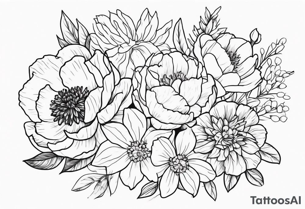 8 flowers peony, carnation, daffodil, daphne, dahlia, desiree, daisy and rose bouquet tattoo idea