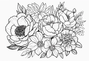 8 flowers peony, carnation, daffodil, daphne, dahlia, desiree, daisy and rose bouquet tattoo idea
