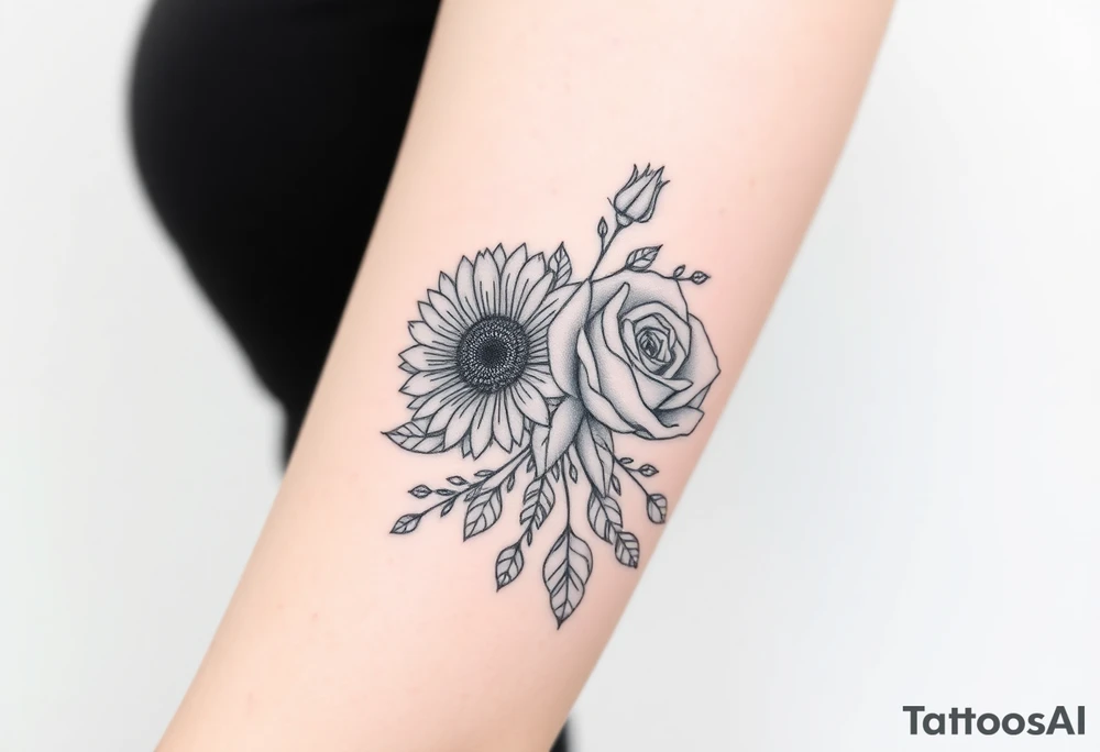 bouquet of 2 flowers, a sunflower and a rose surrounded by a lot greenery, leaves and smaller flower buds. tattoo idea
