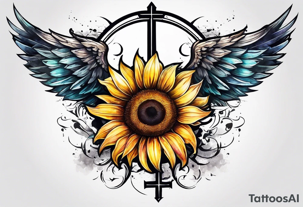 Winged cross with sunflower tattoo idea
