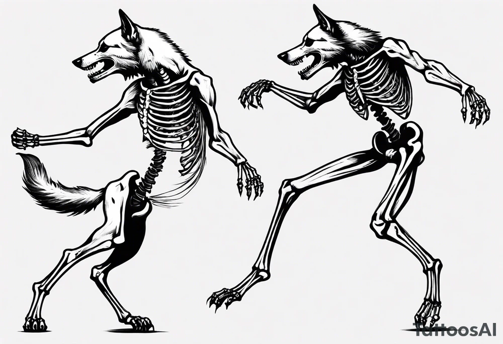 two wolf skeletons dancing with bone tails tattoo idea