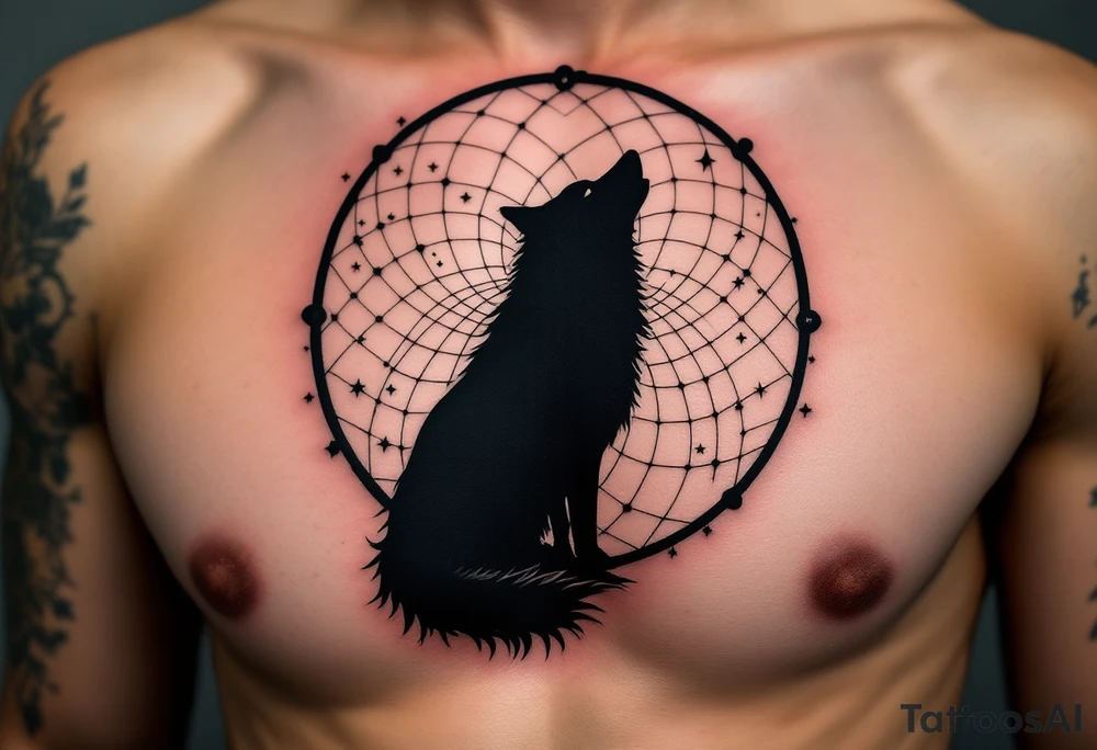 A silhouette of a wolf with its back to the viewer, framed by a dreamcatcher that acts as a border around the design. The web is filled with small, detailed elements like stars and moons. Solid black for the wolf silhouette, soft silver for the moon and stars, and light brown for the dreamcatcher frame. tattoo idea