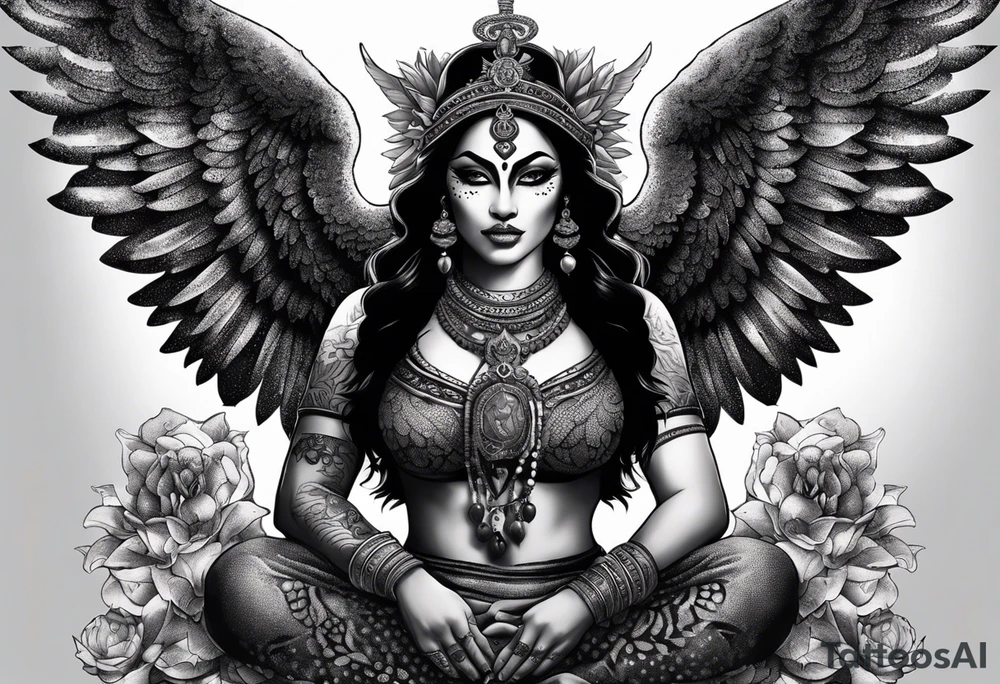 black kali, goddess pirate, alien, angel, pachamama, valkrye, warrior, flying, skull, lotus azul, wing, eagle, zenza resonance, stars, 5D, anahata chakra, death, durga, riding on a tiger, flying lady, kundalini, chest tatoo, samuri, rebel tattoo idea