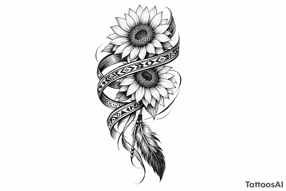 2 cascading sunflowers wrapped in Native American ribbon with a feather tattoo idea