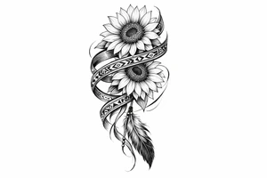 2 cascading sunflowers wrapped in Native American ribbon with a feather tattoo idea