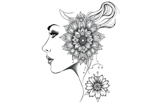 Powerful side profile woman’s face with mandala tattoo idea