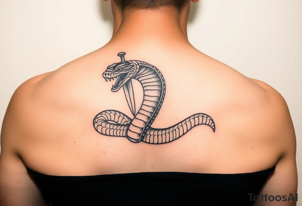 Design a cobra snake with a dagger stuck in the head. The main element is to be the head of the cobra, the tattoo will be on the forearm. tattoo idea