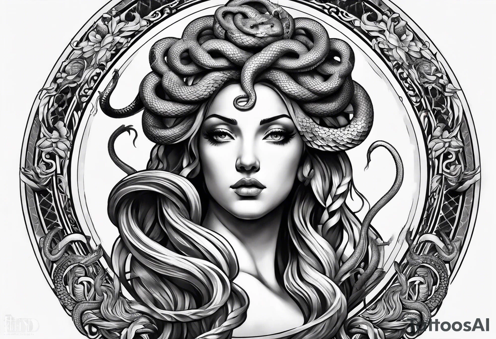 arm tattoo of Medusa as a statue with snakes for hair tattoo idea
