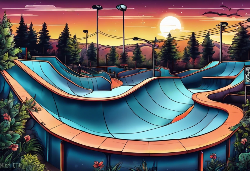 liminal skate park in night time scene tattoo idea