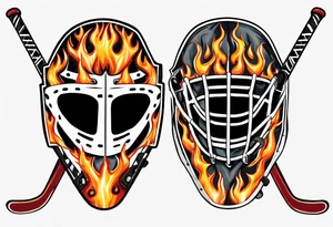 goalie mask with crossed hockey sticks and flames that says "SHOT HOCKEY" tattoo idea