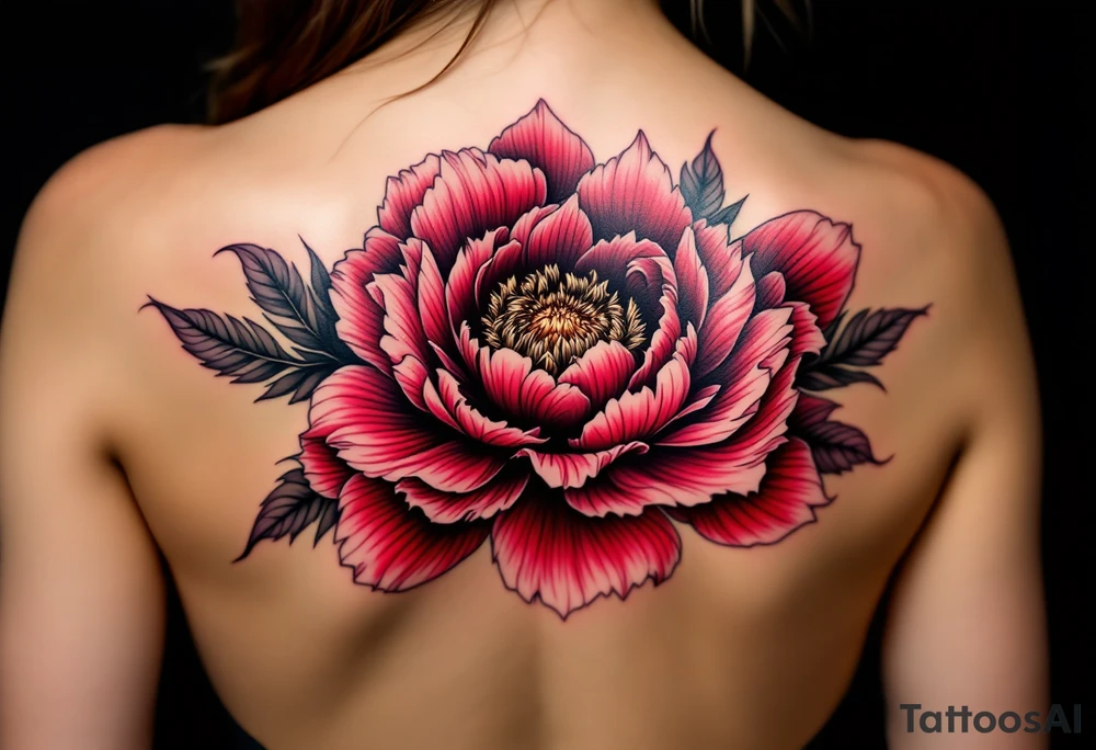 A large peony flower in shades of red and purple with bold black outlines. tattoo idea