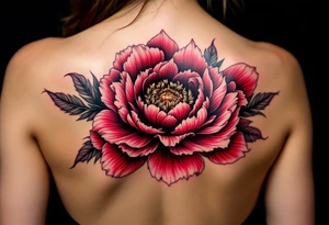 A large peony flower in shades of red and purple with bold black outlines. tattoo idea