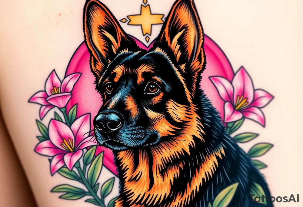 realistic german shepherd with alert ears looking protective surrounded by pink lilies with leaves in front of a sacred heart tattoo idea