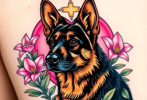 realistic german shepherd with alert ears looking protective surrounded by pink lilies with leaves in front of a sacred heart tattoo idea