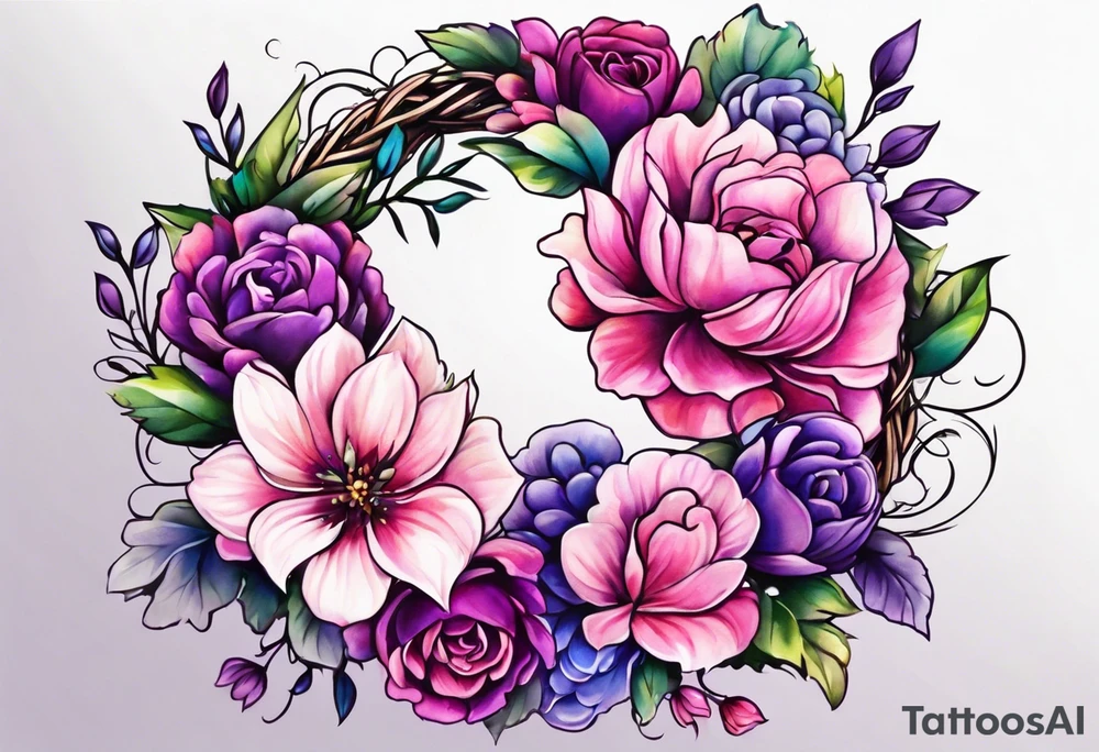 Flower wreath pinks and purples tattoo idea