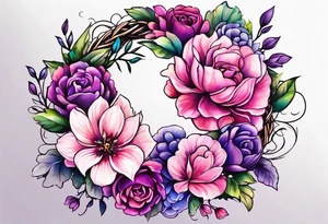 Flower wreath pinks and purples tattoo idea