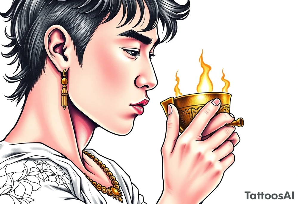 Handsome Asian young guy is drinking from medieval golden cup tattoo idea