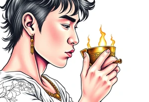 Handsome Asian young guy is drinking from medieval golden cup tattoo idea