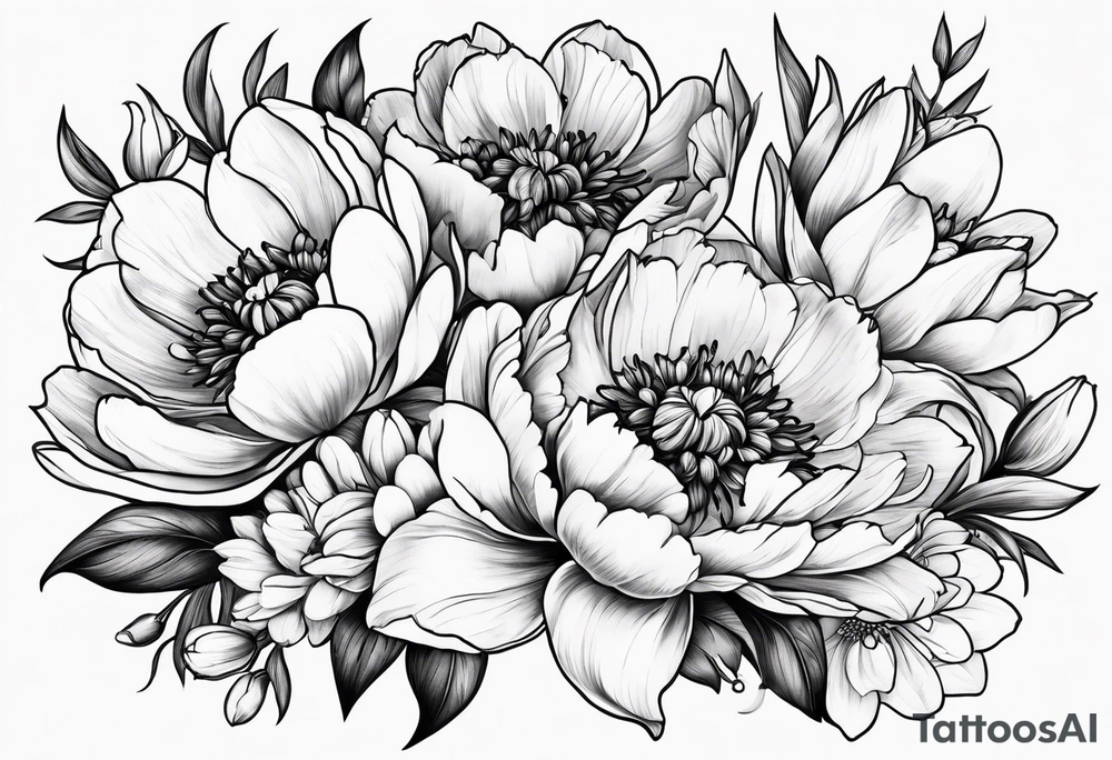 Peony, tulip, sunflower, cherry blossom and Lily bouquet tattoo idea