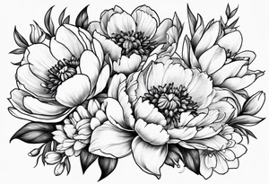 Peony, tulip, sunflower, cherry blossom and Lily bouquet tattoo idea