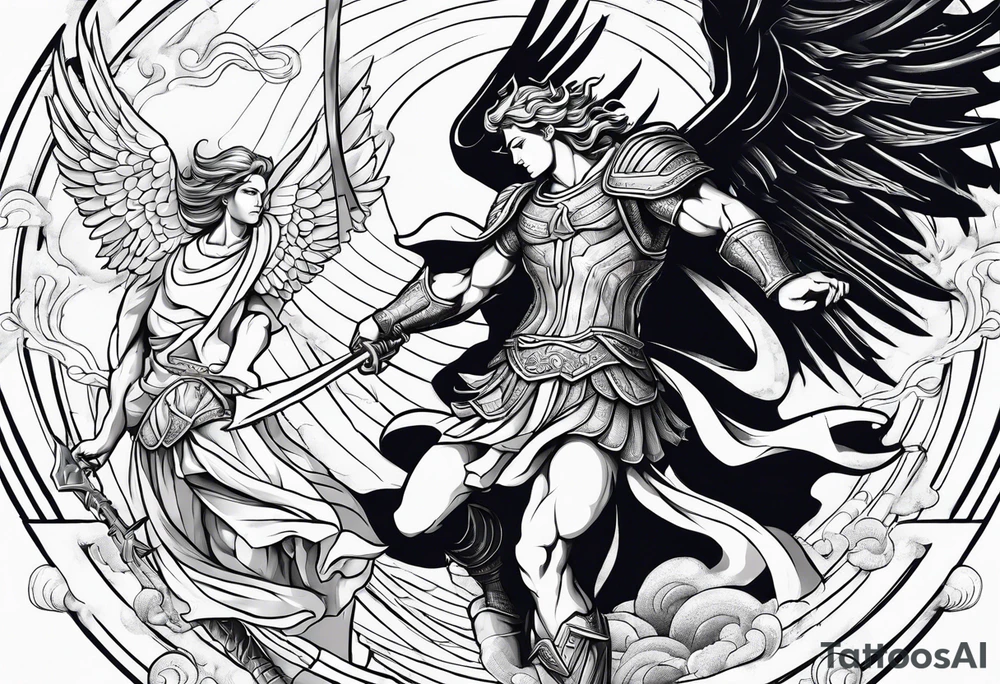 archangel Michael beating Lucifer in a fight with the background being clouds and lightning tattoo idea