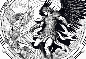 archangel Michael beating Lucifer in a fight with the background being clouds and lightning tattoo idea