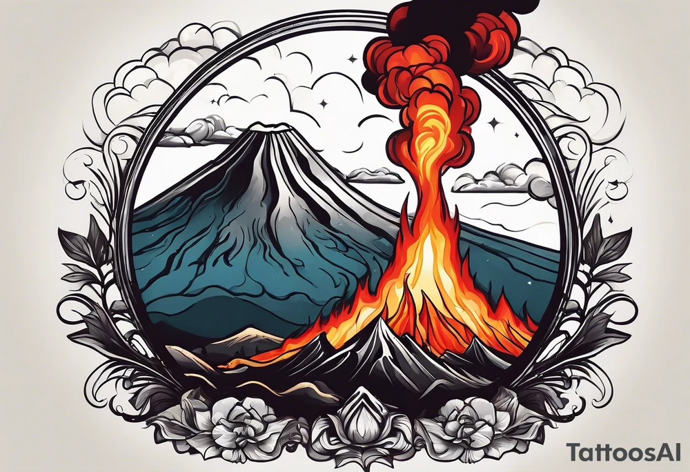 Draw a sketch of a volcanic eruption tattoo as a bracelet on the arm, in a realistic style with lava flowing from it, without a cartoon style and few colors tattoo idea