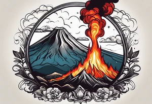 Draw a sketch of a volcanic eruption tattoo as a bracelet on the arm, in a realistic style with lava flowing from it, without a cartoon style and few colors tattoo idea