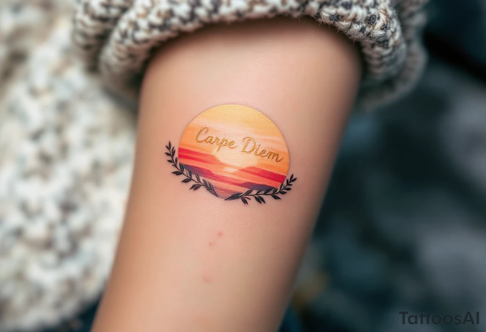 "Carpe Diem" in cursive gold ink with a sunrise gradient of soft oranges and yellows rising behind it. tattoo idea