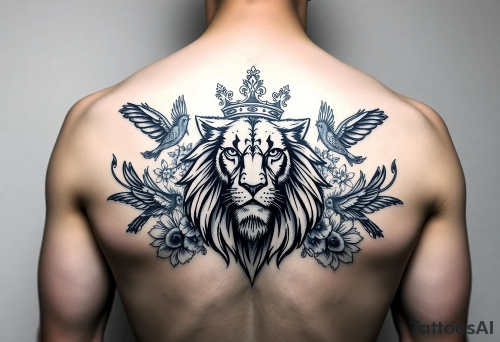 powerful majestic lion with a crown, surrounded by floral ornaments and birds tattoo idea