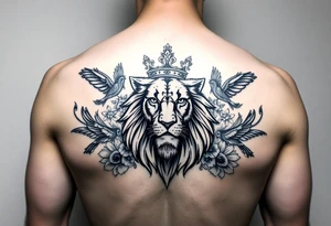 powerful majestic lion with a crown, surrounded by floral ornaments and birds tattoo idea