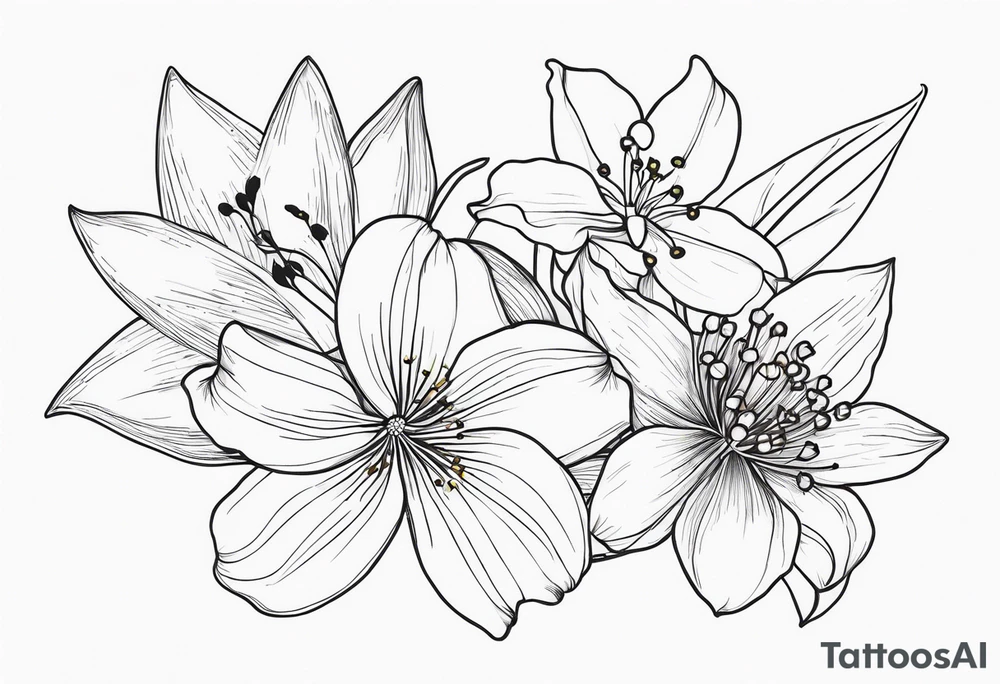 fine line flowers, vines, lily of the valley flower, aster flower, narcissus flower tattoo idea