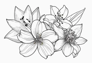 fine line flowers, vines, lily of the valley flower, aster flower, narcissus flower tattoo idea