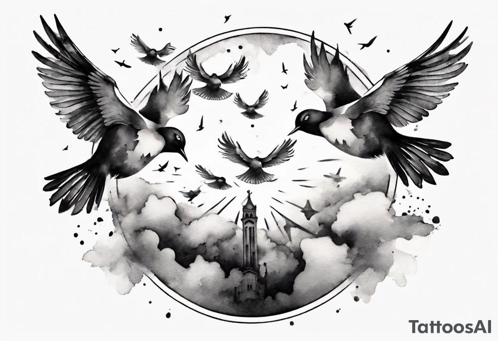 shoulder tattoo with light rays with birds flying free among the clouds, round shape, 3d effect tattoo idea