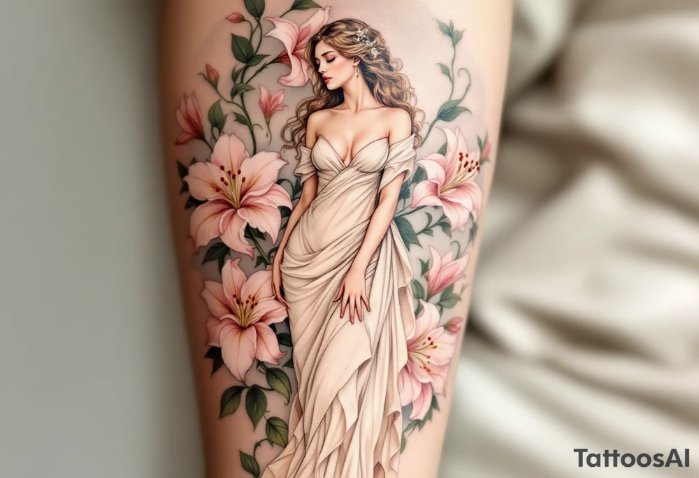 Alfons Mucha’s goddess-like figure in a draped ivory gown, surrounded by pale green vines and blooming lilies in soft pink tones. tattoo idea