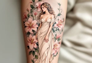 Alfons Mucha’s goddess-like figure in a draped ivory gown, surrounded by pale green vines and blooming lilies in soft pink tones. tattoo idea