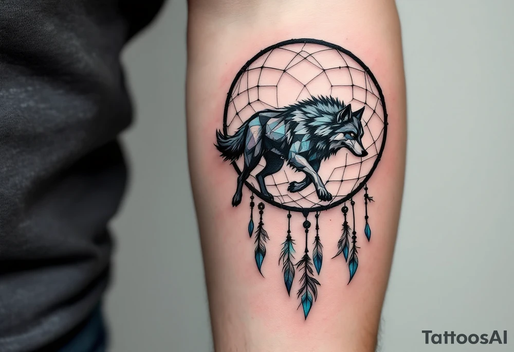 A wolf mid-stride running through the outer ring of a dreamcatcher, symbolizing perseverance, strength, and the pursuit of dreams. The web holds intricate, flowing patterns. Bold, dark greys and blacks for the wolf, with soft pastel blues and pinks for the dreamcatcher to create a sense of motion and dreamlike quality. tattoo idea