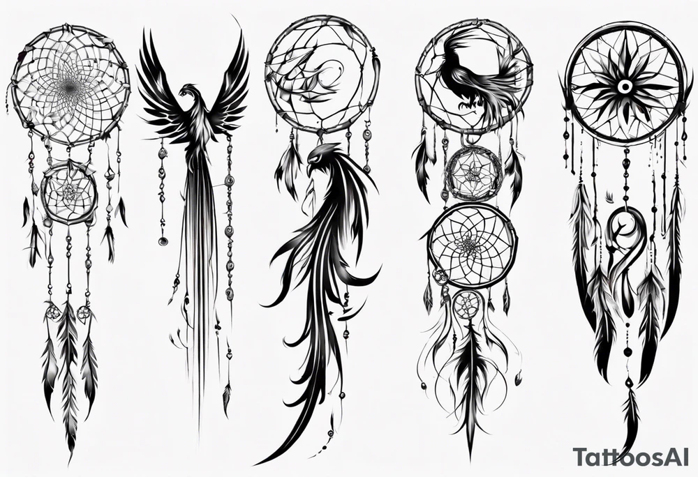 Vertical Phoenix with abstract dream catcher tail tattoo idea Vertical Phoenix with abstract dream catcher tail tattoo idea