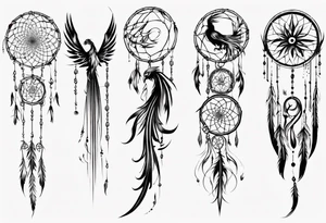 Vertical Phoenix with abstract dream catcher tail tattoo idea