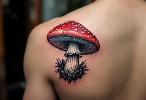 Red and Cyan 3D drawing of a mushroom tattoo idea